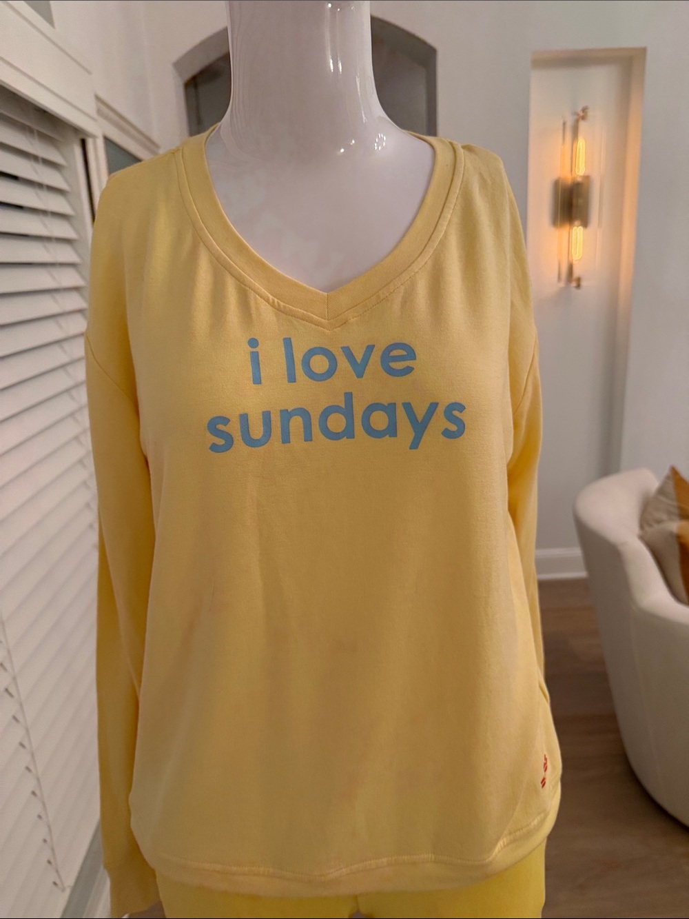 Peace Love World Yellow V-Neck Sweatshirt with Blue 'i love sundays' Print